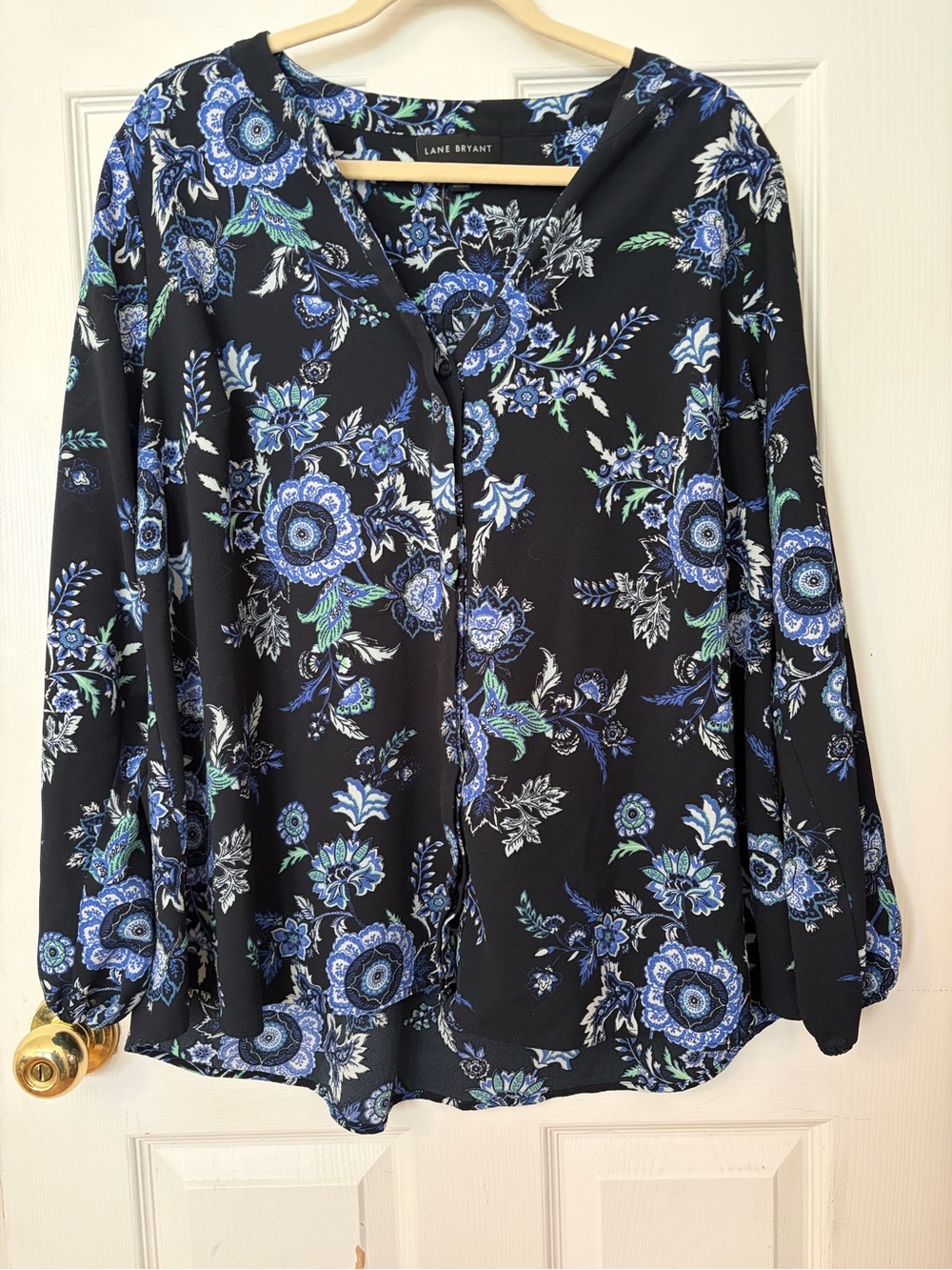 Lane Bryant Black Floral Button-Front Blouse with Blue and Green Print